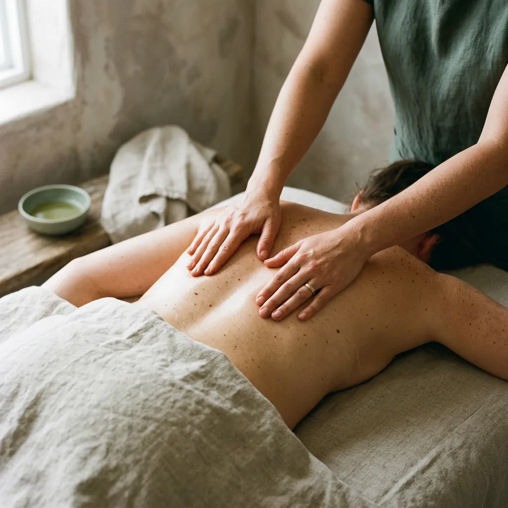 A therapist working through a guest's shoulders at Fiona's Day Spa, a short drive west of Blaine, MN