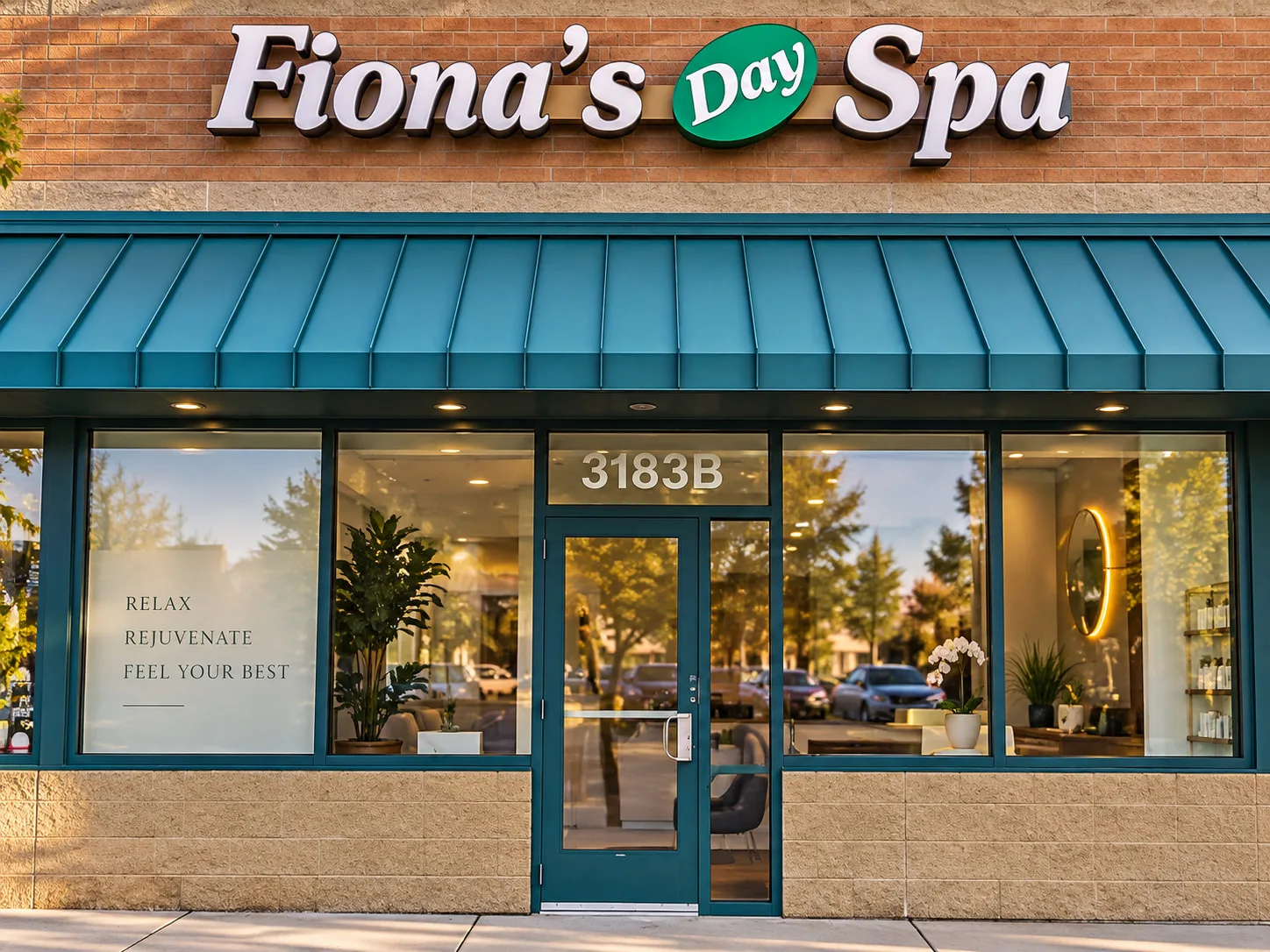 The Fiona's Day Spa storefront at 3183 Northdale Blvd NW, Suite B, Coon Rapids, MN, with the suite number on the door