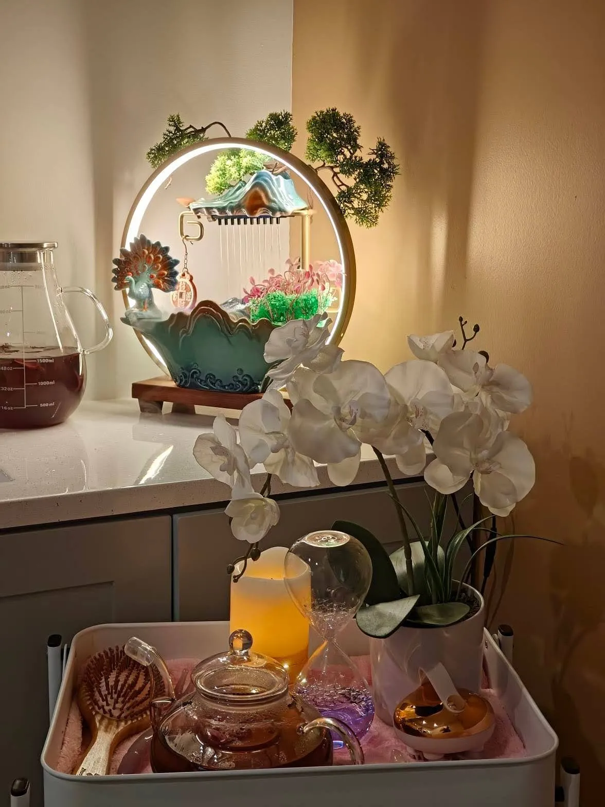 The tea tray set for a long appointment at Fiona's Day Spa, a drive east from Ramsey, MN